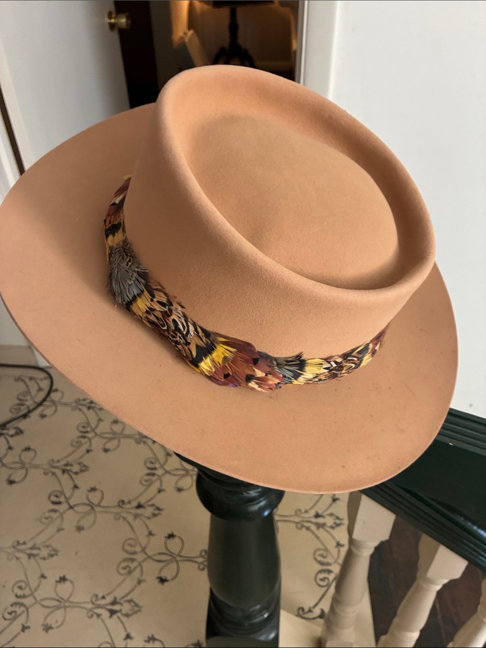 Men's Tan Felt Hat with Decorative Feather Band